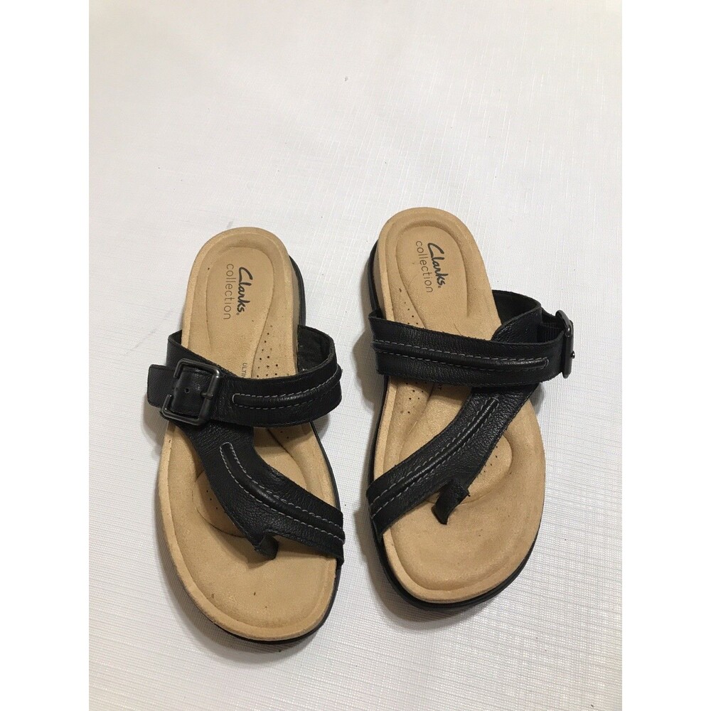 Clarks Collection Womens Brynn Madi Size 7.5M Black Leather Toe Post Sandals